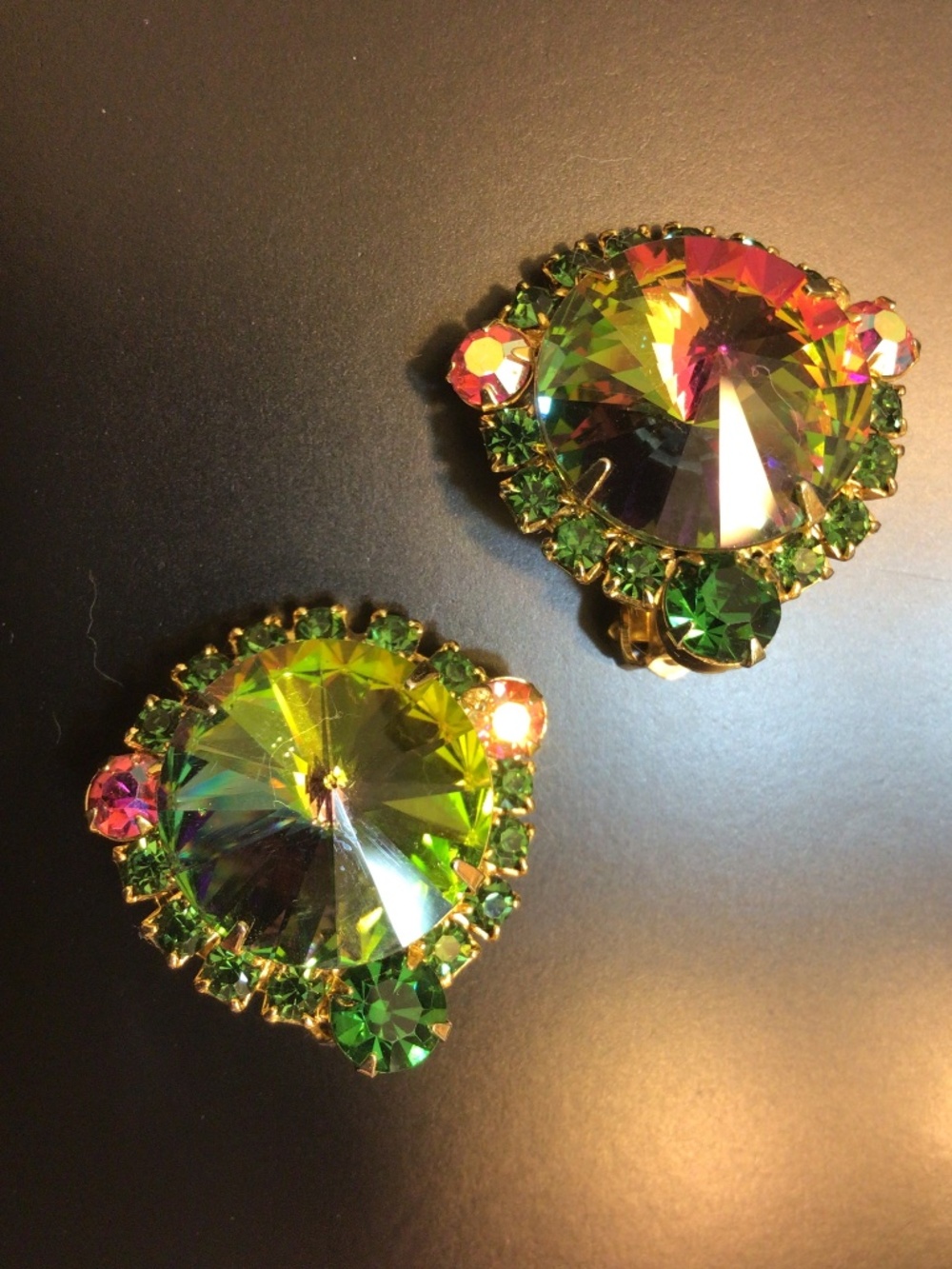 Vintage Juliana Watermelon Heliotrope Rivoli Rhinestones Clip-on Earrings
